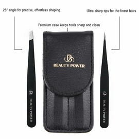 Beauty Power Professional Tweezers Set of 2 in Case Slant & Point Lightweight German Stainless Steel Ultra Precision Tweezers Eyebrows Facial Chin Ingrown Hair Removal(Matte Black/Set of 2 in Case)