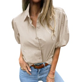 Tankaneo Women's Button Down Shirts Short Puff Sleeve Collared Dressy Casual Blouse Tops Beige Small