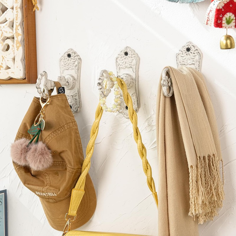 Sungmor 3Pcs Cast Iron Coat Hooks,White Skeleton Key-Shaped Wall Hooks