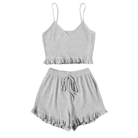 Avanova Women Pajama Set Ruffle Trim Cami Top and Shorts 2 Piece Sleepwear Set Grey Large