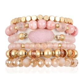 RIAH FASHION Bohemian Versatile Multi-Layer Bead Statement Bracelet - Stretch Stackable Bangle Set Acrylic Druzy (Bohemian Oval Druzy Set - Pink)