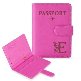 COSHAYSOO Initial RFID Passport Holder for Travel Women Passports Cover Case Air Essentials Airplane Flight Accessories Airline Plane Flying Must Haves Christmas Gift Butterfly Letter Hot Pink E