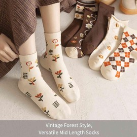Lefe Liee cute vintage cottagecore socks for women, autumn aesthetic floral flower patterned checkered socks for girls, nordic crew argyle fashion ankle socks