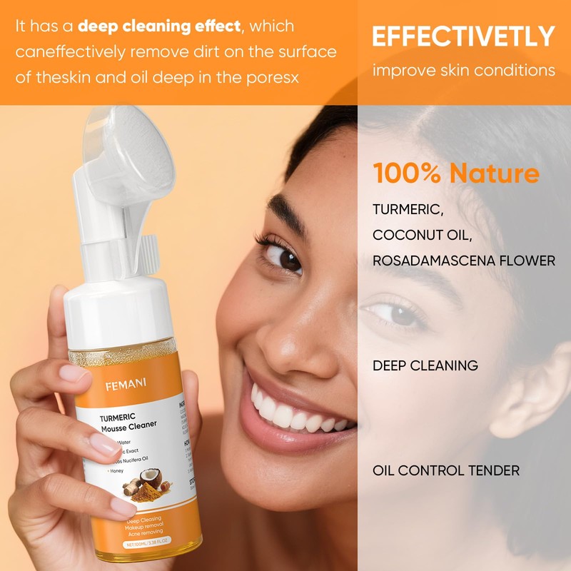 femani 2pcs Glow Wash Turmeric Face Wash With Brush, Deep