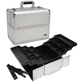 Makeup Train Case 13.5" Aluminum Professional Cosmetic Organizer Box with Adjustable Dividers (Silver)