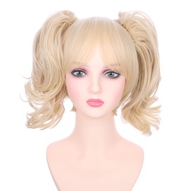 WAVELNM Blonde Wig for Kids Child Blond Curly Wavy Wig with Bangs Girls Golden Wig with 2 Clip on Ponytails Wig Cosplay Wig Synthetic Wigs with Wig Cap