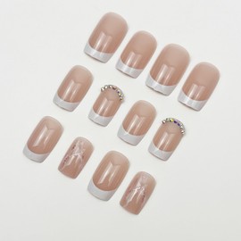 French Tip Press on Nails Short Square Fake Nails Rhinestones Glitter Glossy on False Nails Full Cover Acrylic Nails Marble Glue on Nails Shiny Artificial Stick on Nails for Women 24 Pcs