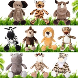 HyDren 10 Pcs Safari Stuffed Animals Plush 11.8 Inches Jungle Animal Toys Set for Girls and Boys, Cute Elephant Giraffe Lion Tiger Monkey Rhinoceros Zebra White Tiger Leopard Hippo for Baby Shower