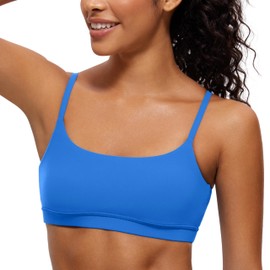 CRZ YOGA Womens Butterluxe Adjustable Spaghetti Strap Sports Bra - Scoop Neck Wireless Padded Bra Yoga Workout Crop Top Sparkle Blue Medium