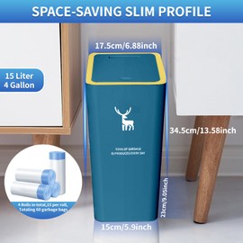 Hsxfl Trash Can with Lid, 2 Pack 4 Gallons/15 L Garbage Can with Press Top, Small Trash Can Dog Proof, Plastic Trash Bin, Waste Basket for Bathroom Kitchen Bedroom Office Living Room Study (Green)