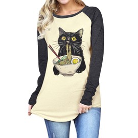 Kawaii Cat Shirts for Women - Cat Eating Ramen Noodles Graphic Cute Manga Food Anime Long Sleeve Tee Tops White