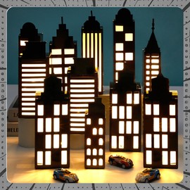 12Pcs Hero Party Favor Boxes Skyscraper City 3D Box with Lights Skyline Buildings Treat Boxes Super Themed Hero Party Centerpiece Decorations for Boys Girls Birthday Heroes Parties Supplies (Warm)