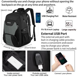 PUSLOM Extra Large Travel Laptop Backpack for Men 55L,Water Resistant 18.4 inch Big Business Laptop bags with USB Charging Port,TSA Friendly Anti Theft Computer Bag for Work College,Grey