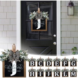 Last Name All Year Round Front Door Wreath,Front Porch Decoration 26 Letter Welcome Wreath, Eucalyptus and Bow Wreath for Spring, Summer, Autumn, Winter, Wall Window, Porch Farmhouse Decoration（J）