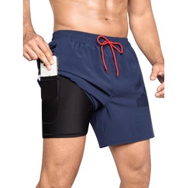 SILKWORLD Mens Swim Trunks with Compression Liner 6" Swim Shorts Quick Dry Bathing Suit Swimming Trunks Zipper Pockets, Navy, X-Large