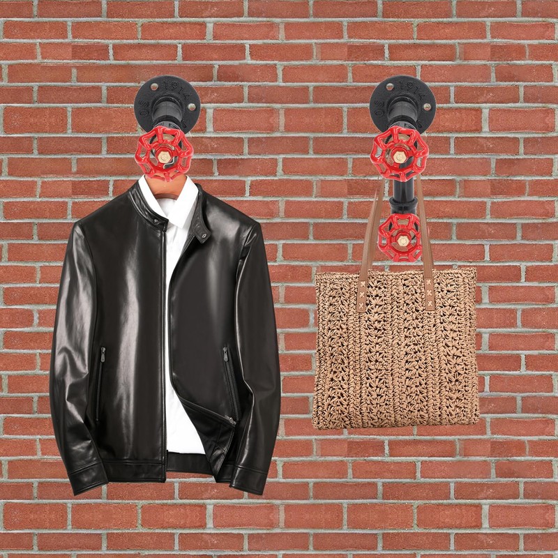Tissting Industrial Pipe Red Handwheel Coat Hook Rack Heavy Duty