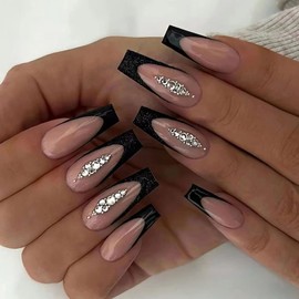Press on Nails Long Coffin Black French Tip Fake Nails Full Cover False Nails with Rhinestones Designs Glossy False Nails with Nail Glue Artifiical Acrylic Nails for Women Girls 24 Pcs