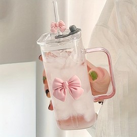 Bowknot Design Glass Cup, Cute Water Bottle with Handle, Drinking Cup for Home Office School, Gift for Girls, Drinkware:_Green bow_1 Count