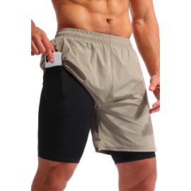 Pudolla Pantalones cortos 2 en 1 para correr para hombre, de secado rápido, 17,78 cm, para gimnasio, con bolsillos para teléfono, Caqui, 3X-Large