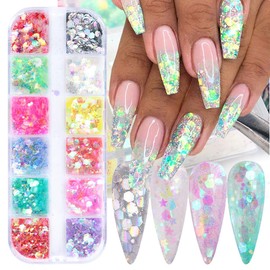 12 Colors Bling Mermaid Nail Glitter Sequins 3D Holographic Nail Glitter Flakes Hexagon Chameleon Chunky Glitter for Nail Art Sequins Mixed Iridescent Nail Flakes for Women DIY Shiny Nail Decoration