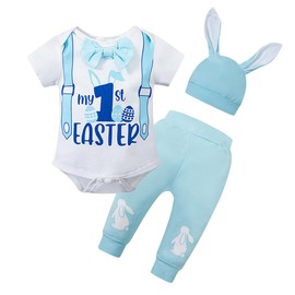 Daddy's New Fishing Buddy My 1st Easter Baby Boys outfit Gentleman Outfit Bow Bunny Pant Clothes Set with Hat (Blue,0-3Months)