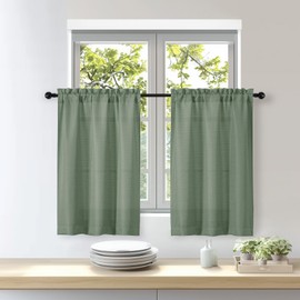 OWENIE Bob Green Kitchen Curtains 36 Inch Length Tier Curtain, Faux Linen Textured Small Cafe Curtains, Light Filtering Short Window Drapes for Bathroom Basement, Each 30W x 36L inch, 2PCS