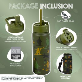 FAHRMOSIS 18 Oz Kids Water Bottle with Strap & 2 Lids - Reusable Double Insulated Water Bottle - Leakproof Kids Water Bottle for School & Outdoor Activities - Green (Army)