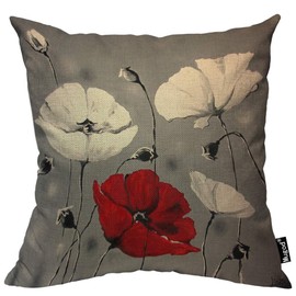 Mugod Poppy Flower Pillowcase Beautiful Charming Watercolor Poppy Vintage Red White 18"x 18" Soft Square Cotton Linen Pillow Case Cushion Cover Home Decorative for Men Women