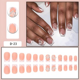 French Tip Press on Nails Short Square Fake Nails with Butterfly Design Nude Nails Press ons Acrylic Nails Glossy Glue on Nails Rhinestone Full Cover False Nails