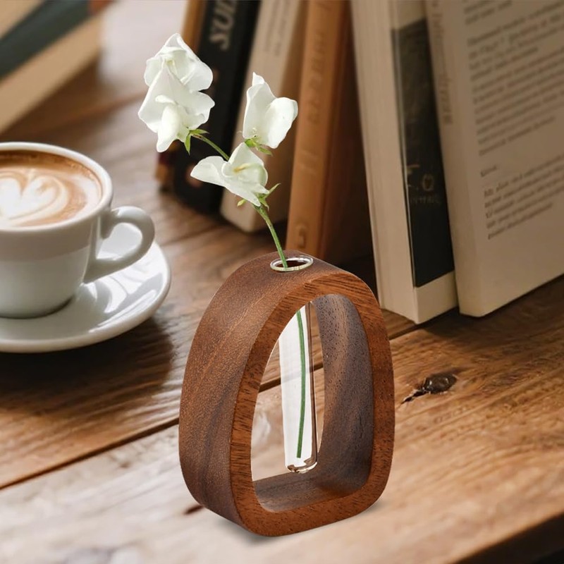 Solid Wood Frame Glass Test Tube Vase Desk Hydroponic Plant