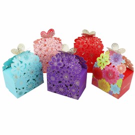 Kslong 50Pcs Flower Butterfly Favor Boxes,Laser Cut Wedding Favor Boxes for Party Decoration,Cute Candy Chocolate Gift Boxes for Bridal Birthday Party Supplies (Mixed Colors,L)