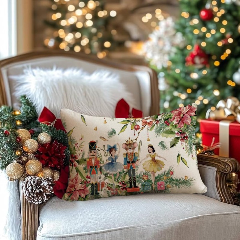 RABUSOFA Christmas Pillow Covers 12x20 Nutcracker Poinsettia Holiday Decor