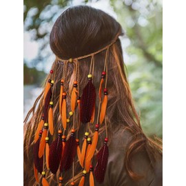 IYOU Boho Feather Headbands Orange Hippie Headwear Tassel Headpiece Gypsy India Hair Accessories for Women and Girls