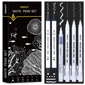HNIHUY White Ink Pens, Fine Point White Gel Pens, Brush Tip Acrylic Markers, Dual-Tip Opaque Paint Pens for Black Paper Drawing, Sketching, Illustration, Card Making, 6 Pack