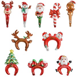 CINECE クリスマスカチューシャ スティックバルーン バルーンカチューシャ 手に風船を持つ Xmas 装飾 アルミホイルバルーン サンタクロース ヘラジカ 10pcs