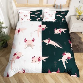 Cute Axolotl Bedding Set Single Size,Pink Fish Wild Animal Duvet Cover for Kids Boys Bed Comforter Cover Set,Couple Style White Bedding Quilt Cover Set Decorative 2 Pieces