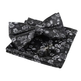 Alizeal Mens Floral Pattern Pre-tied Bow Tie, Pocket Square and Cufflinks Set, Black+White
