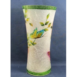 No Brand Flowers and Butterflies Vase Frosted Crackle Glass w/ Hand Painted  Flared