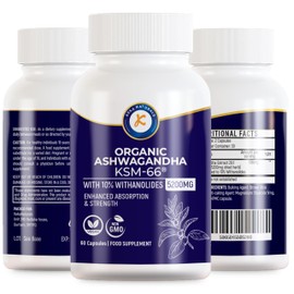 Organic Ashwagandha KSM-66-5200mg - 10% Withanolides - Enhanced Absorption and High Strength - All Natural, Non-GMO - 60 Vegan Capsules