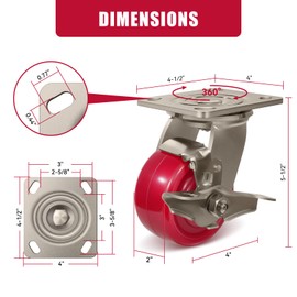 CWfutureparts 4"X2" Heavy Duty Industrial Casters,Solid Polyurethane Stainless Steel Casters,2 Brake Caster Wheels for Food Processing, 1700 LBS Load Capacity