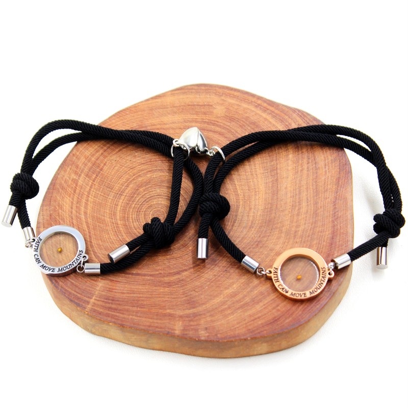 Mayfaith Couples Heart-shaped Charm Bracelet, Stainless Steel Round Mustard Seed