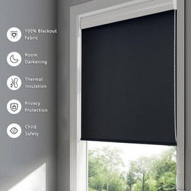 Blackout Corded Roller Window Shades – Waterproof Thermal Insulated Fabric Blinds with UV Protection, Easy to Install for Home, Office, Bathroom (40" W x 72" L, Black)
