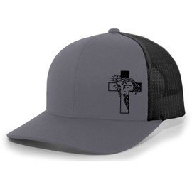 Jesus Cross Crown of Thorns Christian Men's Mesh Back Trucker Hat Baseball Cap, Charcoal/Black