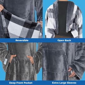 Snuggie Snuggie Reversible - The Original As Seen on TV Wearable Blanket That Has Sleeves - Cozy, Warm and Soft Velveteen - Oversized Functional Blanket with Pockets, Adult Size, Grey/Plaid