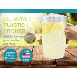 Arrow Home Products Clear Plastic Beverage Pitcher with Lid, 76 Ounce - Thick-Walled Fruit Design, Made in The USA - Fill with Ice Water, Iced Tea or Juice - BPA Free, Dishwasher Safe