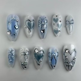 Medium Press on Nails Almond Nails Tips Blue Fake Nails with Gem Rhinestones Design Bow False Nail Full Cover Star Glue on Nail Silver Heart Acrylic Nail for Women DIY Manicure Decorations 24Pcs