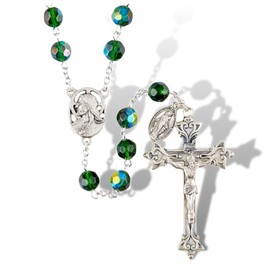 Autom Prague Sacred Heart Emerald Glass Beads Rosary with Crucifix Center, Rosaries Catholic for Women and Men, Beaded Prayer Necklace Religious Jewelry Gift, 22 Inches