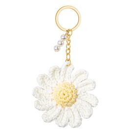Neikafan Key Ring Daisy Crochet Hand Knitting Flowers Pendant Key Ring Flower Pendant Decoration with Pearl for Keys and Bag Accessories Gift for Women, Girls, White, yellow, Unit size