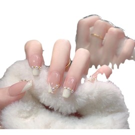 Press on Nails Medium Long French White False Nails with Pearl Inlay Bling Glossy Fake Nail Tips Artificial Manicure for Women and Girls – 24pcs with Glue Kit (French White)