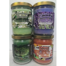 Smoke Odor Exterminator 13 oz Jar Candle, Gardenia Delight, Set of 4 Candles includes Gardenia Delight, Forest Walk, Flower Power & Lavender with Chamomile.